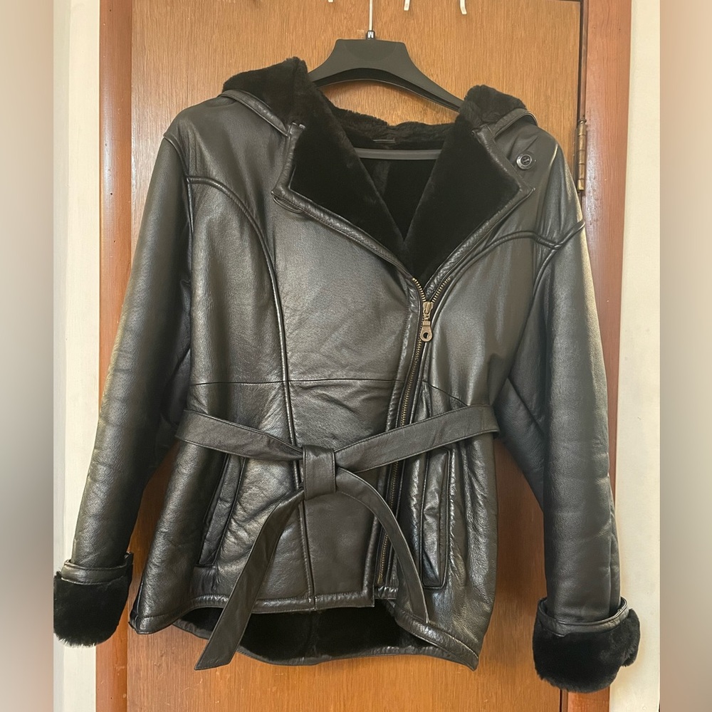 Vintage Wilson’s Leather - faux fur lined asymmetrical leather coat